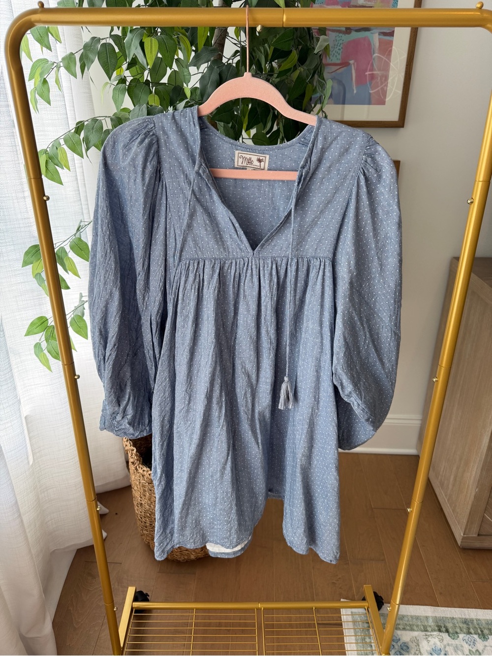 Mille Blue Dot Peasant Tunic Dress - Soft Light Blue